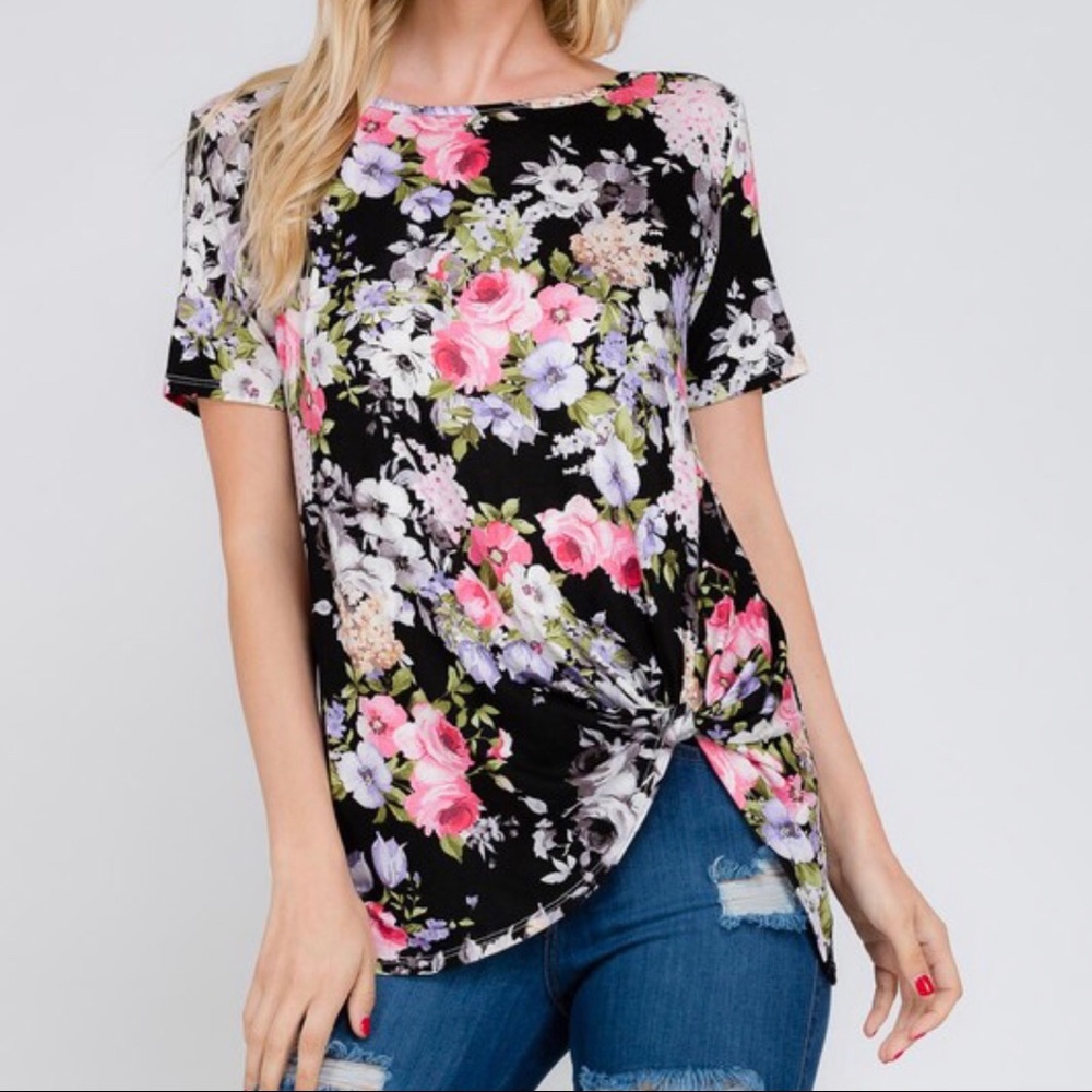 Black Floral Side Knot Top